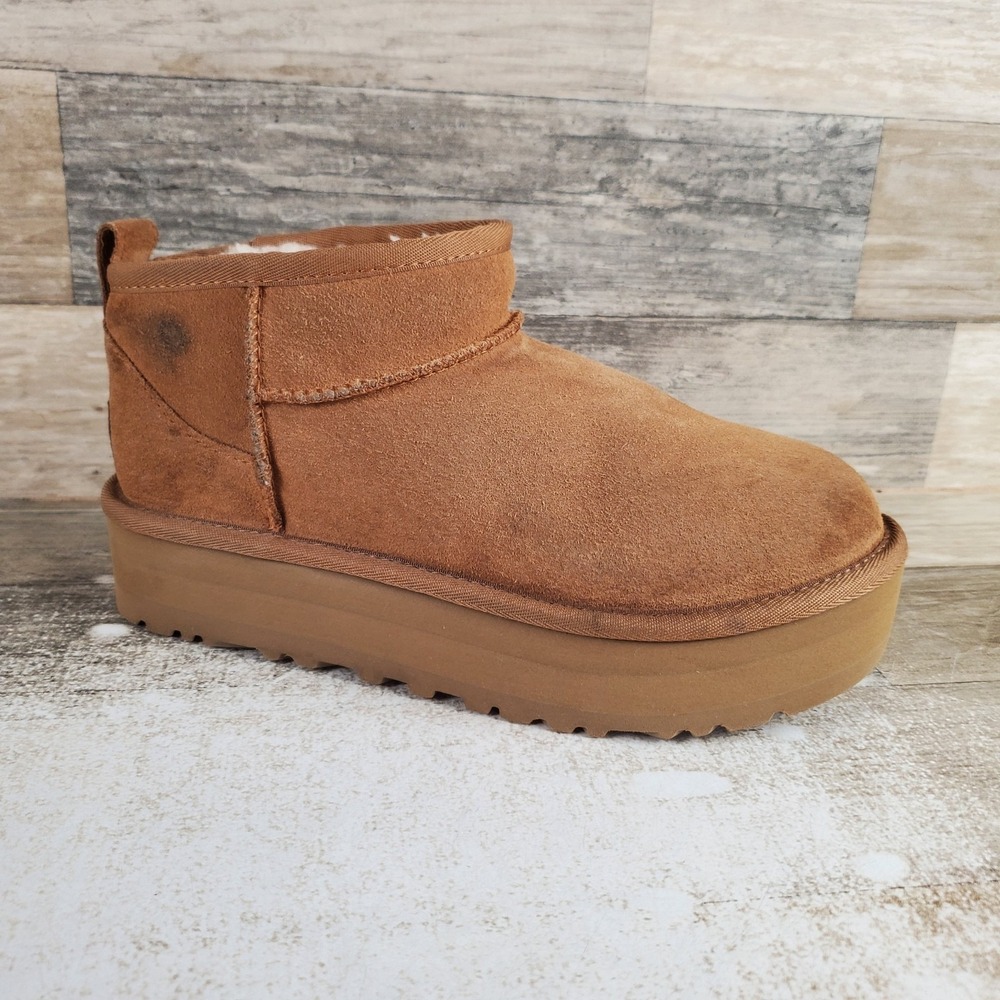 Ugg Classic Ultra Mini Kids Winter Boots Sz 4 Beige Suede Lined Ankle Platform